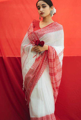 Balika bodhu Self Design Handloom Pure Cotton Saree(White, Red)