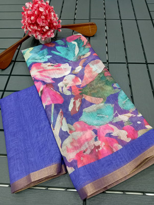 VISHNU Printed Kanjivaram Pure Cotton, Cotton Linen Saree(Blue)