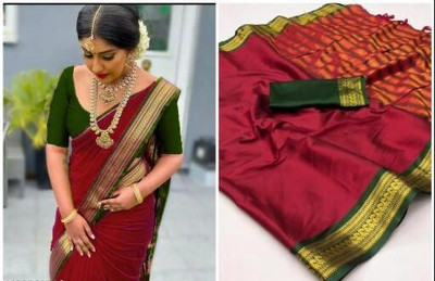 Paramparik Textile Woven Gadwal Cotton Silk Saree(Red)