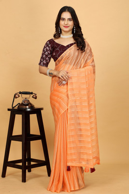 SAADHYA CREATION Embroidered, Solid/Plain Bollywood Chiffon Saree(Orange)