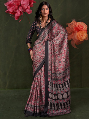 Sareemall Printed Hand Batik Crepe Saree(Maroon)
