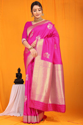 sarjan creation Self Design, Striped, Woven, Floral Print, Solid/Plain Kanjivaram Jacquard, Pure Silk Saree(Pink)