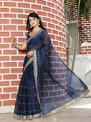 ANOUK Embroidered Saree with Attached Blouse Organza Saree(Blue)