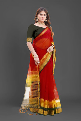 Aarunika SKT Solid/Plain Bollywood Organza Saree(Red)
