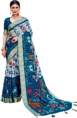 Akhilam Embroidered Ikkat Viscose Rayon Saree(Dark Green)