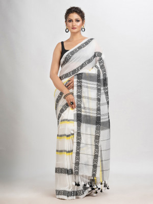 angoshobha Woven Handloom Pure Cotton Saree(White)