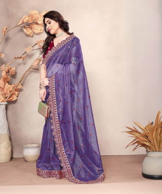 Mikhushop Embroidered Bollywood Supernet Saree(Purple)