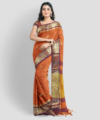 S S CREATION Printed Paithani Cotton Silk Saree(Orange)