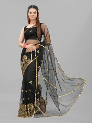 Yashvi Designer Embroidered Bollywood Net Saree(Black)