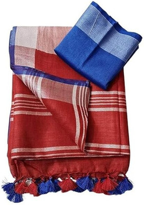 HAIDER ALI AND SONS Solid/Plain Handloom Cotton Linen Saree(Red)