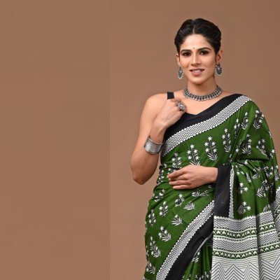 Tetarwal Printed Daily Wear Pure Cotton Saree(Green, Black)