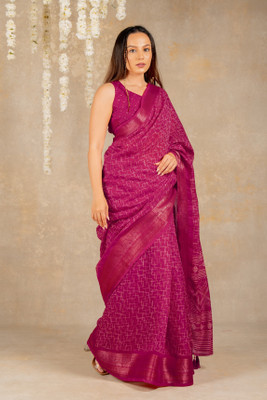 MIRCHI FASHION Printed, Geometric Print Daily Wear Cotton Blend Saree(Pink, Cream)
