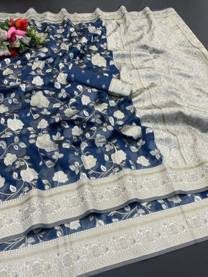 aarohicreation Woven Bollywood Tissue Saree(Dark Blue)