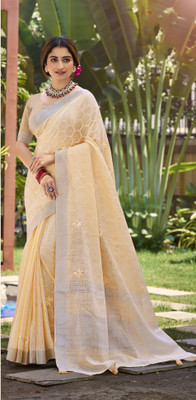 Tasrika Woven Handloom Linen Saree(Yellow)