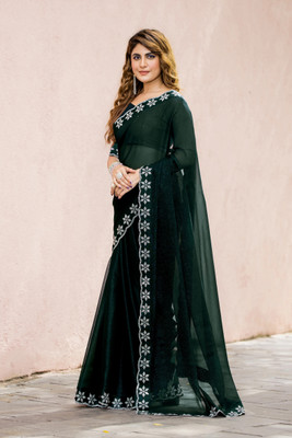 Leelavati Embroidered, Embellished Bollywood Georgette Saree(Dark Green)