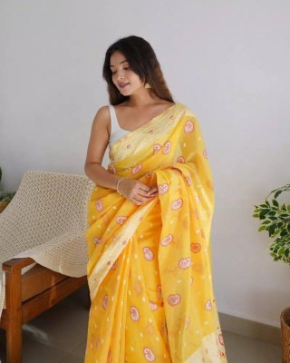 JIADIA Embellished, Woven, Self Design Kanjivaram Jacquard, Silk Blend Saree(Yellow)