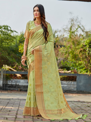 KARAGIRI Embellished Bollywood Linen Saree(Green)