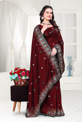 Mikhushop Embroidered Bollywood Silk Blend Saree(Maroon)