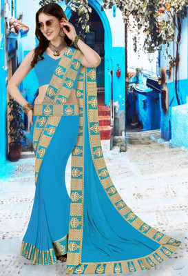 FabDaisy Printed Banarasi Lycra Blend Saree(Light Blue)