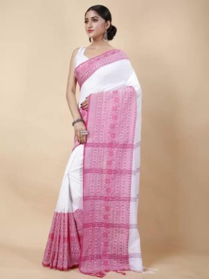Happy Creation Woven Handloom Cotton Blend Saree(Pink, White)