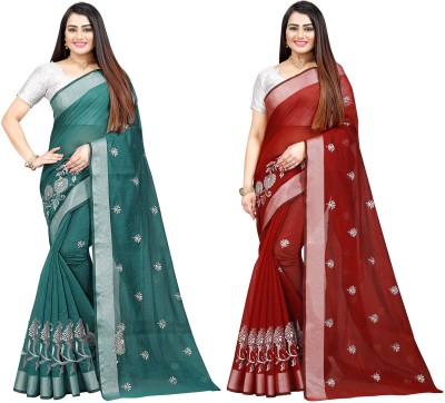 Indian Fashionista Embroidered Bollywood Cotton Silk Saree(Pack of 2, Red)