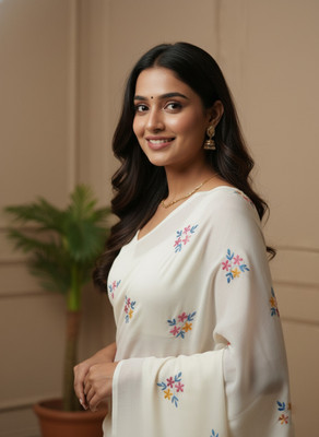 BongAp Embroidered Handloom Cotton Blend Saree(White)