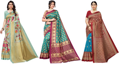 ANIRAV Printed Kasavu Art Silk Saree(Pack of 3, Light Green, Blue, Red)