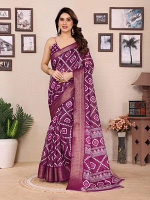 Moda Rapido Printed Bandhani Cotton Blend Saree(Purple)