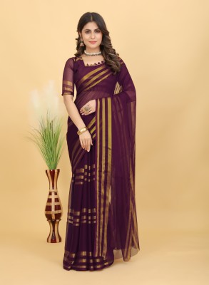 PRETTYAGE Striped, Solid/Plain Bollywood Art Silk, Chiffon Saree(Purple)