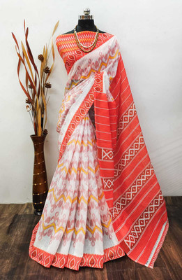 ASHTA Floral Print Kanjivaram Linen Saree(Orange)