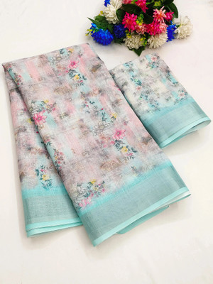 Myraani Floral Print Daily Wear Cotton Linen Saree(Light Blue)