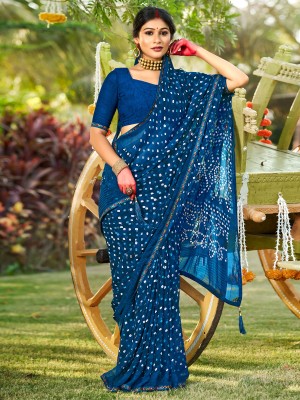 Sareemall Printed Bandhani Georgette Saree(Dark Blue)