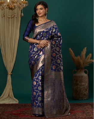 Satrani Woven, Embellished Kanjivaram Silk Blend, Jacquard Saree(Blue)