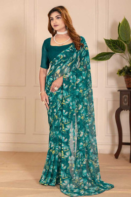 Kiaaa Printed, Floral Print Daily Wear Chiffon Saree(Green)