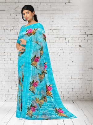 Classy Foriever Printed Daily Wear Cotton Blend Saree(Light Blue)