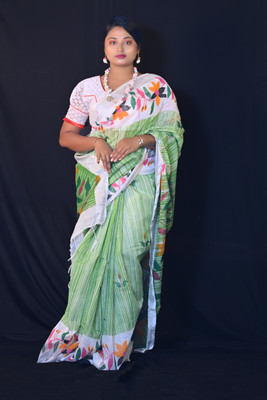 Ahana Textile Printed Handloom Cotton Linen Saree(Light Green)