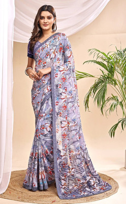Leelavati Printed, Embellished, Embroidered Daily Wear Chiffon Saree(Grey)