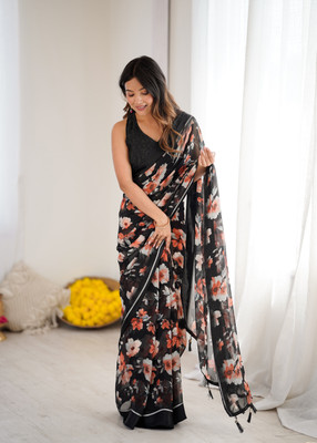 Ira Impex Printed Bollywood Satin Saree(Black)