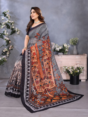 Soor Panchi Printed Bollywood Cotton Linen Saree(Grey)