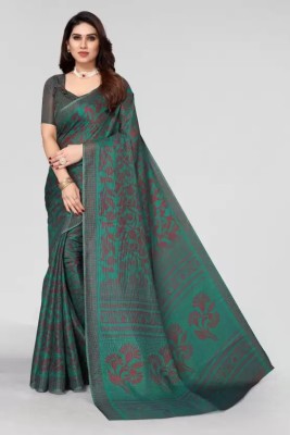 ljad Woven Handloom Cotton Blend Saree(Green, Purple)