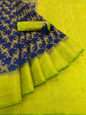 GajGajra Printed Arani Pattu Cotton Silk Saree(Dark Blue, Green)