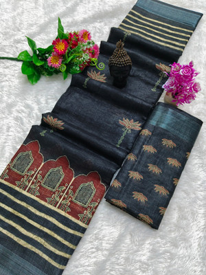 HouseOfCommon Printed Kanjivaram Linen, Cotton Linen Saree(Pack of 2, Multicolor)