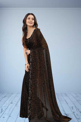 SHRIMAY Self Design Bollywood Net Saree(Brown)