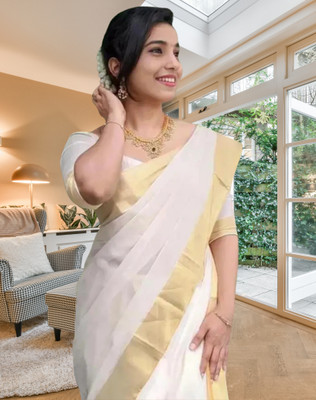 ShriSaree Woven Kasavu Pure Cotton Saree(White)