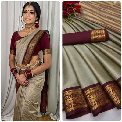 Ramya Woven Maheshwari Cotton Silk Saree(Grey)