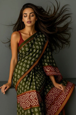 Sareestri Floral Print Chanderi Cotton Blend Saree(Green)