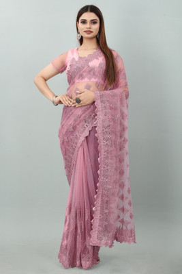 JSItaliya Embellished Bollywood Net Saree(Pink)