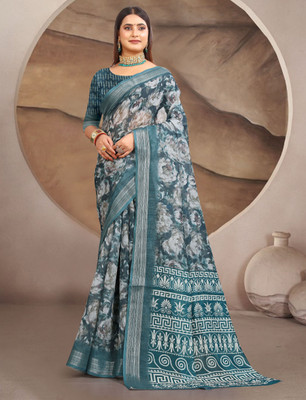 HouseOfCommon Printed Kanjivaram Pure Cotton, Cotton Linen Saree(Black)