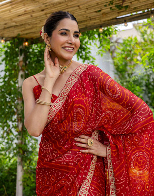 Satrani Printed, Embroidered Bandhani Chiffon Saree(Red)
