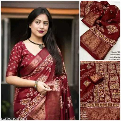 Dhanlaxmi CreationLLP Temple Border Bandhani Cotton Silk, Crepe Saree(Maroon)